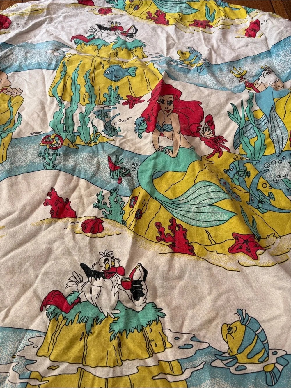 Vintage Little Mermaid Disney Twin Size Fitted Bed Sheet Ariel Flounder Triton